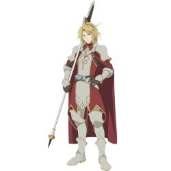  1boy ahoge armor armored_boots artist_request belt black_belt black_shirt blonde_hair boots bracer cape check_clothing closed_mouth clothing_request collared_tunic couter cuisses forehead full_body game_cg gold_trim grey_boots hand_on_own_hip high_collar holding holding_polearm holding_weapon kitamura_motoyasu legendary_spear_(small_spear)_(tate_no_yuusha_no_nariagari) legendary_spear_(tate_no_yuusha_no_nariagari) light_smile long_sleeves looking_at_viewer male_focus medium_hair messy_hair multiple_belts official_art pants pauldrons pinstripe_pants pinstripe_pattern pinstripe_shirt polearm poleyn ponytail red_cape red_eyes red_tunic shirt short_ponytail shoulder_armor sidelocks simple_background sleeveless_tunic solo spear standing tachi-e tate_no_yuusha_no_nariagari tate_no_yuusha_no_nariagari_rerise transparent_background tunic turtleneck_tunic two-tone_tunic vambraces weapon white_belt white_pants white_tunic 