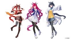  3girls agnes_tachyon_(tach-nology)_(umamusume) agnes_tachyon_(umamusume) agnes_tachyon_(umamusume)_(cosplay) ahoge animal_ears aqua_eyes belt black_hairband black_horns black_pantyhose black_streaks black_thighhighs blue_bow blue_bowtie blue_eyes blue_gemstone blue_hair blue_jacket blue_shirt blue_skirt blue_sky blue_tail blurry blurry_background boots bow bow_earrings bow_hairband bowtie brooch brown_boots brown_dress brown_gloves choppy_bangs coat collar colored_tips commentary_request cosplay cropped_jacket crossed_bangs doll_hair_ornament double-parted_bangs dress ear_ornament earrings ears_through_headwear extra_ears fangs fingerless_gloves flat_cap floating_hair fold-over_boots full_body gem gloves grass grass_wonder_(stone-piercing_blue)_(umamusume) grass_wonder_(umamusume) grass_wonder_(umamusume)_(cosplay) hair_between_eyes hair_intakes hairband hakos_baelz hand_on_own_hip hat head_chain heterochromia highres hololive hololive_english holopromise horns horse_ears horse_girl horse_tail hourglass irys_(hololive) jacket jewelry key key_necklace knee_boots l_hand lab_coat lapels long_hair long_sleeves looking_at_viewer miyanami_3 multicolored_eyes multicolored_hair multiple_girls necklace notched_lapels official_art open_hand open_mouth ouro_kronii outstretched_arms pantyhose parted_lips pink_belt pink_gemstone pink_hair pleated_skirt pointy_ears ponytail red_jacket red_streaks sailor_collar scrunchie sharp_teeth shirt short-sleeved_jacket short_hair short_sleeves simple_background skirt sky sleeves_past_fingers sleeves_past_wrists spiked_collar spikes spread_fingers stadium star-shaped_pupils star_(symbol) sweater symbol-shaped_pupils tail tail_bow tail_ornament teeth thigh-highs tokai_teio_(beyond_the_horizon)_(umamusume) tokai_teio_(umamusume) tokai_teio_(umamusume)_(cosplay) umamusume v very_long_hair violet_eyes virtual_youtuber white_background white_boots white_bow white_bowtie white_coat white_dress white_sailor_collar white_streaks wing_collar wolf_cut yellow_scrunchie yellow_sweater yellow_trim 