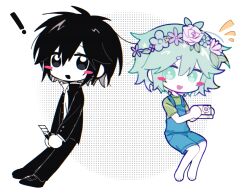  ! 2boys :d antenna_hair back-to-back bare_arms bare_legs barefoot basil_(headspace)_(omori) basil_(omori) black_eyes black_hair black_jacket black_pants black_shoes blue_flower blue_overalls blush_stickers boxcutter bright_pupils camera chibi chibi_only chinese_commentary chromatic_aberration colored_skin commentary_request crossover double-parted_bangs flower flower_wreath full_body green_eyes green_hair green_shirt hair_between_eyes halftone halftone_background head_wreath highres holding holding_boxcutter holding_camera invisible_chair jacket leaf long_sleeves looking_at_viewer male_focus mo42144 multiple_boys no_nose notice_lines omori open_clothes open_jacket open_mouth overall_shorts overalls pants pink_flower pink_rose purple_flower randal&#039;s_friends rose shirt shoes short_hair short_sleeves simple_background sitting smile t-shirt tsukada_satoru white_background white_pupils white_shirt white_skin 