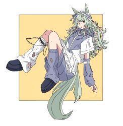  1girl alternate_costume animal_ears apron arm_warmers asymmetrical_legwear blue_jacket blue_leg_warmers blue_track_suit ear_ribbon frilled_apron frills fujimasa_march_(umamusume) full_body grey_hair hair_ornament highres horse_ears horse_girl horse_tail jacket jersey_maid leg_warmers long_hair looking_at_viewer loose_socks maid maid_apron maid_headdress mismatched_legwear multicolored_hair parted_lips pink_hair shoes short_sleeves socks solo streaked_hair sxpwze4u3podzmr tail track_jacket track_suit umamusume umamusume:_cinderella_gray unconventional_maid waist_apron white_apron white_leg_warmers yellow_eyes 