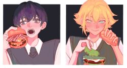  2boys absurdres aegyo_sal bacon basil_(faraway)_(omori) basil_(omori) black_background black_eyes black_hair black_necktie black_sweater_vest blonde_hair blue_eyes border bright_pupils burger closed_mouth collared_shirt commentary crossed_bangs double-parted_bangs eating english_commentary fingernails flipped_hair food futo_(tofuutoufofuto) green_sweater_vest hair_between_eyes highres holding holding_burger holding_food lettuce looking_at_food male_focus multiple_boys necktie omori open_mouth outside_border shirt short_hair simple_background smile sunny_(omori) sweater_vest teeth very_short_hair white_border white_pupils white_shirt 