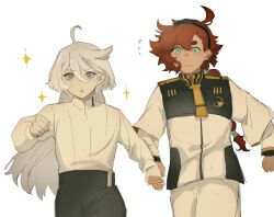  2girls ahoge asticassia_school_uniform blue_eyes closed_mouth commentary flying_sweatdrops grey_eyes gundam gundam_suisei_no_majo hashtag-only_commentary highres jacket liiix46 long_hair long_sleeves miorine_rembran multiple_girls open_mouth red_hair school_uniform shirt shorts simple_background sparkle suletta_mercury thick_eyebrows white_background white_hair white_jacket white_shirt white_shorts 