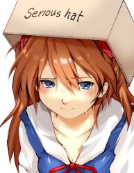 1girl blue_eyes blue_shirt blush box brown_hair canihavepromo cardboard_box cleavage clothing_request english eyebrows eyebrows_visible_through_hair hair_ornament hat light_blue_eyes meme neon_genesis_evangelion serious_hat shirt simple_background smile solo souryuu_asuka_langley soyjak soyjak_party sweatdrop white_background white_sleeves 