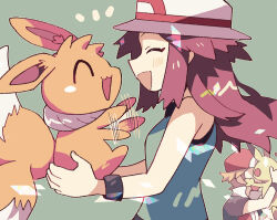  1boy 1girl anidler91 baseball_cap blue_shirt blush breasts brown_fur brown_hair closed_eyes eevee hat holding holding_pokemon jacket leaf_(pokemon) long_hair open_mouth pikachu pokemon pokemon_(creature) pokemon_frlg porkpie_hat red_(pokemon) red_hat shirt short_hair short_sleeves simple_background sleeveless sleeveless_shirt smile spiky_hair upper_body white_hat wristband 
