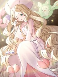  1girl :o bed_sheet behind_another blonde_hair brown_background caitlin_(pokemon) dappled_sunlight dress facing_to_the_side finger_to_cheek finger_to_face floating green_eyes half-closed_eye hand_on_own_face hand_on_own_leg hat heal_ball highres indoors light_blush light_particles long_hair looking_ahead minazuki_miou musharna nightgown on_bed open_mouth parted_bangs pink_dress pink_hat pink_nightgown poke_ball pokemon pokemon_(creature) pokemon_bw pokemon_bw2 reuniclus sitting sleepy sparkle sunlight very_long_hair waking_up wavy_hair white_dress white_nightgown 