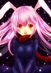  :d animal_ears bad_id blurry bunny_ears cross depth_of_field highres iketa jewelry long_hair necklace open_mouth orange_eyes pink_hair reisen_udongein_inaba scarf smile snow solo touhou v_arms 