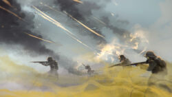  4boys backpack bag battle battlefield bombardment helmet highres johan_aronson masked military_uniform multiple_boys original smoke smoke_trail soldier world_war_i 