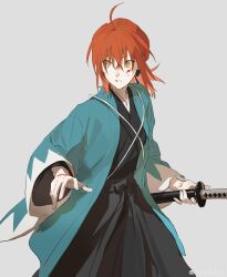  1girl absurdres ahoge black_hakama black_kimono blood blood_on_face blue_haori command_spell cowboy_shot fate/grand_order fate_(series) fujimaru_ritsuka_(female) grey_background hakama haori highres holding holding_sword holding_weapon japanese_clothes katana kimono long_sleeves medium_hair mimulishizi orange_eyes orange_hair ponytail shinsengumi simple_background solo sword watermark weapon weibo_watermark 