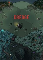  absurdres anglerfish boat bottle cliff cod column copyright_name corruption creature dock dredge_(video_game) eel fish fishing_rod flounder flying_fish from_above gozz grouper_(fish) hammerhead_shark highres jellyfish lighthouse night ocean ocean_sunfish octopus opah_(moonfish) painterly pillar red_snapper ripples rock ruins scenery squid stingray tentacles tower village watercraft 