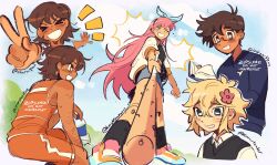 >_< 1girl 3boys :d ;d ankle_socks antenna_hair arm_hair artist_name aubrey_(faraway)_(omori) aubrey_(omori) bare_arms bare_shoulders baseball_bat basil_(faraway)_(omori) basil_(omori) bespectacled black-framed_eyewear black_shirt black_socks black_sweater_vest blue_eyes blue_hairband blue_skirt blue_sky blue_sweater book border bottle bow_hairband brothers brown_eyes brown_hair bush clouds collared_shirt commentary cropped_torso dark-skinned_male dark_skin day double-parted_bangs ear_piercing english_commentary facing_viewer feet_out_of_frame flower foreshortening freckles from_below full_body glasses grin hair_behind_ear hair_between_eyes hair_flower hair_ornament hairband hero_(faraway)_(omori) hero_(omori) highres holding holding_baseball_bat holding_book holding_bottle jacket kel_(faraway)_(omori) kel_(omori) light-skinned_palms long_hair long_sleeves looking_at_viewer miniskirt mole mole_under_eye multiple_boys nail_(hardware) nail_bat omori one_eye_closed open_book open_clothes open_jacket orange_shirt orange_shorts outdoors outside_border piercing pink_hair profile raised_inner_eyebrows rectangular_eyewear red_flower semi-rimless_eyewear shirt shoes short_hair shorts siblings sidelocks sideways_mouth simple_background single_vertical_stripe sitting skirt sky sleeveless sleeveless_shirt smile socks standing sweat sweatdrop sweater sweater_vest teenage three-quarter_sleeves tomboy v v-neck very_long_hair very_short_hair water_bottle watermark white_border white_jacket white_shirt white_shoes white_trim zipsunz