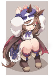  1girl absurdres animal_ears arms_up bow brown_background brown_hair brown_shoes ears_through_headwear hair_ornament hairclip hat head_bump highres horse_ears horse_girl horse_tail long_sleeves looking_at_viewer matikanetannhauser_(panpaka_tiltott)_(umamusume) matikanetannhauser_(umamusume) multicolored_hair newsboy_cap one_eye_closed open_mouth purple_bow shoes simple_background solo squatting streaked_hair tail tearing_up umamusume ye_yemail yellow_eyes 