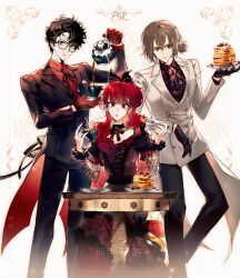  1girl 2boys :o \n/ absurdres akechi_gorou alternate_costume amamiya_ren back_ribbon black-framed_eyewear black_bow black_collar black_eyes black_gloves black_hair black_jacket black_pants black_ribbon bow brown_hair butler buttons coattails collar commentary copyright_name cross-laced_clothes cross-laced_dress cup dated detached_collar double-breasted dress english_commentary feet_out_of_frame food fork frilled_dress frills gem glasses gloves gown grin hair_between_eyes hair_bow hair_bun hand_up highres holding holding_cup holding_food holding_fork holding_plate holding_teapot jacket lace lace-trimmed_dress lace-trimmed_ribbon lace_sleeves lace_trim lapels long_hair long_sleeves looking_at_viewer looking_to_the_side messy_hair multiple_boys pancake pancake_stack pants persona persona_5 persona_5_the_royal plate ponytail pouring red_dress red_eyes red_gemstone red_gloves red_hair red_pupils red_ribbon red_shirt ribbon shirt short_hair short_sleeves signature sitting smile standing table tea teapot white_background white_jacket yoshizawa_kasumi yoteh 