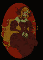  1girl agfgoth_3 black_headscarf black_hood black_nails blonde_hair detached_hood dungeon_meshi ear_covers elf fur_dress headscarf highres lace-trimmed_headwear lace-trimmed_hood lace_trim long_hair marcille_donato marcille_donato_(lord) nail_polish pointy_ears simple_background solo 