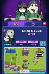  1boy 2girls :3 black_eyes black_hair blonde_hair blue_eyes brodie_helmet castle chito_(shoujo_shuumatsu_ryokou) clash_royale clenched_teeth coat combat_helmet english_text fake_screenshot from_above fur_trim green_coat green_pants grey_helmet hand_on_another&#039;s_head hashtag-only_commentary helmet holding holding_weapon kettenkrad long_hair long_sleeves military_uniform multiple_girls pants shoujo_shuumatsu_ryokou soto_robo stahlhelm teeth twintails weapon yuuri_(shoujo_shuumatsu_ryokou) 