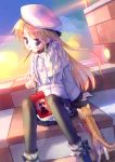  blonde_hair blue_eyes braid cat cloud copyright_request hat highres long_hair mouth_hold pocky side_braid sitting skirt solo takoyaki_(roast) thigh-highs thighhighs 