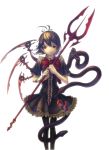  absurdres ahoge asymmetrical_wings black_hair bloom embellished_costume frills highres houjuu_nue polearm red_eyes shiroi_karasu short_hair simple_background smile snake solo spear standing touhou trident weapon white_background wings 