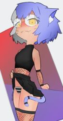  1girl animal_ears artist_name blush breasts cat_ears cat_girl cat_tail closed_mouth clothes_lift fishnet_sleeves fishnet_thighhighs fishnets glasses highres looking_at_viewer miniskirt multicolored_hair navel non-web_source original panties pleated_skirt sharp_teeth shirt short_hair signature simple_background skirt skirt_lift small_breasts smile standing striped_clothes striped_panties tail teeth thigh-highs twelveinchvirgin underwear 