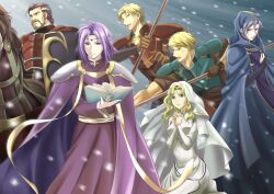  1girl 4boys armor beard blue_eyes book breasts commentary_request cormag_(fire_emblem) duessel_(fire_emblem) facial_hair fire_emblem fire_emblem:_the_sacred_stones glen_(fire_emblem) holding holding_book holding_polearm holding_weapon kakiko210 knoll_(fire_emblem) long_hair lyon_(fire_emblem) medium_breasts multicolored_hair multiple_boys natasha_(fire_emblem) own_hands_clasped own_hands_together polearm purple_hair scar scar_on_face short_hair snowing streaked_hair two-tone_hair violet_eyes weapon 
