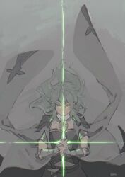  1girl absurdres alternate_hair_color armor black_armor black_shorts bodice breasts cape chio_fe3h dagger female_byleth_(awakened)_(fire_emblem) female_byleth_(fire_emblem) fire_emblem fire_emblem:_three_houses green_eyes green_hair green_light hair_between_eyes hands_on_own_chest highres knife long_hair shorts simple_background solo upper_body vambraces weapon 