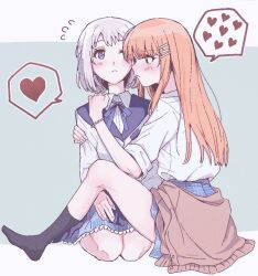  2girls between_legs black_socks blue_background blue_skirt blush closed_mouth clothes_around_waist collared_shirt flying_sweatdrops gakuen_idolmaster hand_on_another&#039;s_shoulder heart hug idolmaster katsuragi_lilja long_hair long_sleeves multiple_girls orange_hair plaid_clothes plaid_skirt pleated_skirt sakemayo_2509 school_uniform shirt shiun_sumika short_hair skirt sleeves_rolled_up socks spoken_heart sweater sweater_around_waist two-tone_background white_background white_hair white_shirt yuri 