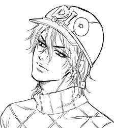  1boy argyle_clothes argyle_sweater bishounen bow closed_mouth diego_brando earrings greyscale hair_between_eyes hat hat_bow head_tilt helmet jewelry jojo_no_kimyou_na_bouken kota111519 looking_at_viewer male_focus medium_hair monochrome portrait solo steel_ball_run sweater turtleneck turtleneck_sweater white_background 