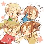  2boys 2girls axis_powers_hetalia blonde_hair brown_hair chibi closed_eyes eating england_(hetalia) eyebrows fighting genderswap green_eyes group military northern_italy_(hetalia) pigtails ponytail thick_eyebrows uniform 