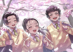1girl 2024 2boys backpack black_hair cherry_blossoms closed_eyes dice_steak_senpai gura-sei_(nama) happy japanese japanese_clothes kimetsu_gakuen kimetsu_no_yaiba murata_(kimetsu_no_yaiba) ozaki_(kimetsu_no_yaiba) pixiv ponytail school_uniform smile tree trio