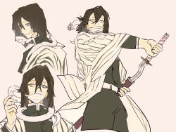  1boy bandaged_head bandages bandages_over_mouth belt black_hair black_jacket black_pants blue_eyes blunt_bangs blunt_ends chaerenlover cowboy_shot demon_slayer_uniform drawing_sword facial_mark hair_between_eyes heterochromia highres holding holding_sword holding_weapon iguro_obanai jacket kaburamaru kimetsu_no_yaiba male_focus medium_hair multiple_views orange_eyes pants snake snake_wrapped_around_neck solo striped_haori sword upper_body weapon white_belt 