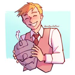  1boy ^_^ alphonse_elric artist_name black_necktie black_outline blonde_hair blue_background blush border brown_vest closed_eyes collared_shirt commentary cropped_torso dress_shirt english_commentary facing_viewer fullmetal_alchemist grin happy head_tilt helmet highres holding holding_unworn_helmet laughing light_blush litera1lywhat3ver long_sleeves male_focus necktie nose_blush outline shirt sidelighting simple_background sleeve_cuffs smile spiked_helmet spikes sunlight swept_bangs teeth thick_eyebrows undercut unworn_headwear unworn_helmet upper_body vest waistcoat white_border white_shirt 