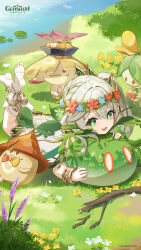 absurdres aranara_(genshin_impact) bowtie bracelet braid cute flower_crown flower_field flower_on_head flower_wreath genshin_impact grass green_eyes hair_ornament happy highres looking_at_viewer nahida_(genshin_impact) official_art on_stomach open_mouth slime_(creature) smile toeless_legwear wallpaper white_hair white_socks
