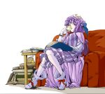  book colored couch crescent cup dodosuke hat highres mtmy pale_skin patchouli_knowledge purple_hair red_eyes sitting solo teacup touhou 