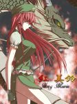  blue_eyes braid breasts character_name china_dress chinese_clothes dragon eastern_dragon fingerless_gloves gloves hat highres hong_meiling large_breasts legs long_hair red_hair redhead side_slit solo teresa007 thighs touhou twin_braids 