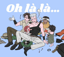  5boys age_regression aged_down baby black_hair black_hat black_tank_top brown_hair chain cherry_earrings child commentary_request crying dark-skinned_male dark_skin dog earrings english_text facial_mark flattop food-themed_earrings gloves grey_hair grey_hat grey_pants hat heart heart_earrings highres iggy_(jojo) jean_pierre_polnareff jewelry jojo_no_kimyou_na_bouken joseph_joestar joseph_joestar_(old) joseph_joestar_(young) kakyoin_noriaki kujo_jotaro male_focus mohammed_avdol multiple_boys muscular muscular_male oversized_clothes pants red_hair shirt stardust_crusaders starfish tank_top tears unworn_hat unworn_headwear unworn_shirt uuunnoo2 