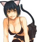  animal_ears bikini_top black_hair breasts cat_ears cat_tail cleavage large_breasts licking original short_hair solo tail thighhighs yellow_eyes 