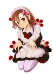  1girl azuki_cha bad_id boku_wa_tomodachi_ga_sukunai bow brown_eyes brown_hair flower hair_flower hair_ornament kneeling kusunoki_yukimura maid pantyhose shor_hair short_hair solo 