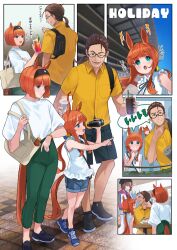  1boy 3girls absurdres alternate_costume alternate_hairstyle animal_ears bag beanie beard black_bag black_hairband black_hat black_shoes blue_eyes blue_shirt blue_shoes blue_shorts blush bob_cut brown_bag brown_eyes brown_hair closed_mouth denim denim_shorts drink facial_hair father_and_daughter glasses green_pants hairband hat highres holding holding_bag holding_drink horse_ears horse_girl horse_tail jacket long_hair low_ponytail mother_and_daughter multiple_girls one_eye_closed open_mouth orange_hair pants pointing pointing_forward ponytail shirt shoes short_hair short_shorts shorts silence_suzuka_(umamusume) smile tail tokai_teio_(umamusume) trainer_(umamusume) umamusume white_jacket white_shirt yellow_shirt yokoji_(kodai2015) 