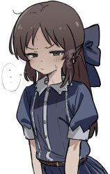  ... 1girl blue_bow blue_dress bow brown_eyes brown_hair closed_mouth dress hair_bow half-closed_eyes highres idolmaster idolmaster_cinderella_girls long_hair looking_at_viewer loose_hair_strand masshutake pout short_sleeves simple_background solo speech_bubble spoken_ellipsis squinting tachibana_arisu upper_body white_background 