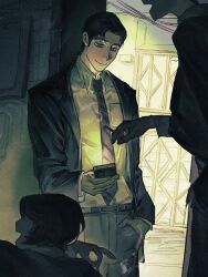  absurdres alley bbfrog belt black_hair cigarette hand_in_pocket highres holding holding_phone implied_yaoi jacket karaoke_iko! looking_at_phone mature_eyes narita_kyouji necktie pants people phone phone_light shirt smile smoke suit_jacket white_shirt 
