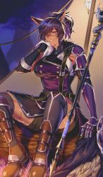  1girl animal_ears arm_tattoo armor armored_gloves asymmetrical_jacket black-framed_eyewear black_hair black_shorts breasts brown_shoes buttons camping cat_ears cat_tail chest_strap commentary commission double-breasted dragon_tattoo english_commentary facial_mark final_fantasy final_fantasy_xiv forest full_body glasses highres holding holding_towel kazuya_(kozun) lamp log miqo&#039;te nature night original outdoors parted_lips ponytail purple_armor purple_hair shin_guards shoes shorts shoulder_armor sitting sitting_on_log sleeveless sleeveless_jacket smile solo staff tail tattoo tent toned toned_female towel tree vambraces violet_eyes vivian_grimelka_(siverstorm) warrior_of_light_(ff14) whisker_markings wiping_face 