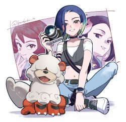  3girls arezu_(pokemon) armband bare_shoulders black_armband black_choker black_hair blue_hair bob_cut breasts brown_eyes camera choker closed_mouth collarbone cowlick crop_top crossed_legs denim diamond_clan_outfit gradient_hair grey_shirt grey_sports_bra hair_ornament hisuian_growlithe holding holding_camera jacket jeans karakishi_it looking_at_viewer loose_hair_strand mai_(pokemon) midriff mole mole_under_mouth multicolored_hair multiple_girls navel off-shoulder_shirt off_shoulder open_mouth pants perrin_(pokemon) pokemon pokemon_(creature) pokemon_legends:_arceus pokemon_sv red_eyes red_hair ribbed_shirt shirt shoes short_hair sitting sleeveless sleeveless_shirt smile sneakers sports_bra tail tongue undershirt watch watch 