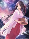  1girl :d black_hair blue_eyes bucket carrying fireworks hakama ilog japanese_clothes miko occhan_(artist) official_art open_mouth ponytail smile solo tagme torii towel wide_sleeves 