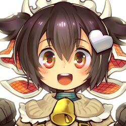  1girl bandana bell brown_hair capelet cow_girl cow_horns cowbell emil_chronicle_online hair_ornament heart heart_hair_ornament horns lowres maid_headdress momo_alma open_mouth orange_bandana portrait rakisuke solo two_side_up white_background white_capelet yellow_eyes 