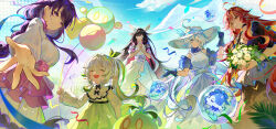  5girls :d ^_^ ahoge alternate_costume balloon bare_shoulders black_choker black_hair blonde_hair blue_gloves bouquet bubble choker closed_eyes closed_mouth columbina_(genshin_impact) commentary_request day dendro_slime_(genshin_impact) dress flower furina_(genshin_impact) genshin_impact gentilhomme_usher gloves gradient_hair green_hair hair_ornament highres holding holding_balloon holding_bouquet leaf_hair_ornament long_hair long_sleeves looking_at_viewer mademoiselle_crabaletta mavuika_(genshin_impact) multicolored_hair multiple_girls nahida_(genshin_impact) outdoors outstretched_arm own_hands_together pointy_ears purple_hair raiden_shogun red_hair side_ponytail sleeveless sleeveless_dress slime_(genshin_impact) smile surintendante_chevalmarin very_long_hair violet_eyes white_background white_dress white_flower white_hair wing_hair_ornament yu_e_baba 
