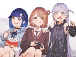  3girls arm_warmers bag_of_chips bare_shoulders black_choker black_nails black_necktie blue_hair blue_hoodie blue_nails bone_hair_ornament bra_strap brown_cardigan brown_eyes brown_hair cardigan choker chopsticks controller drawstring dress ear_piercing earrings gradient_hair grey_eyes grey_hair hair_flaps hair_intakes hair_ornament hair_rings hand_on_another&#039;s_shoulder highres holding holding_chopsticks holding_controller hood hoodie jewelry long_hair medium_hair multicolored_hair multiple_girls nail_polish necktie open_mouth overalls parted_bangs piercing pointing sendo_yuuhi shirt simple_background single_hair_ring sitting sleeveless sleeveless_dress strap_slip streaked_hair studded_armlet thigh_strap tied_drawstring tongue tongue_out torn_clothes tsubu_(kappunioyu562) tsumugi_kokage two_side_up virtual_youtuber vspo! water_drop_hair_ornament white_background white_eyes white_overalls white_shirt yano_kuromu 