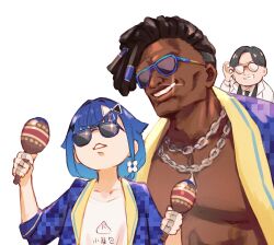  1girl 2boys black_hair blue_hair blue_jacket chain chain_necklace dark-skinned_male dark_skin dee_jay glasses gradient_hair grin hair_flaps highres holding holding_instrument holding_maracas instrument jacket jewelry maracas medium_hair multicolored_hair multiple_boys multiple_rings necklace ring shirt simple_background smile street_fighter suit_jacket sunglasses tsubu_(kappunioyu562) tsumugi_kokage virtual_youtuber vspo! water_drop_hair_ornament white_background white_shirt 