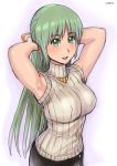  arms_behind arms_up green_eyes green_hair higurashi_no_naku_koro_ni long_hair sleeveless sleeveless_turtleneck sonozaki_shion sweater turtleneck zenkou 