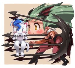  1girl black_leotard cat darkstalkers demon_wings felicia_(darkstalkers) full_body green_hair head_wings kainan leotard long_hair morrigan_aensland solo strapless strapless_leotard wings yellow_eyes 