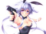  blue_eyes breasts bunny_ears bunny_tail bunnysuit cleavage fang gun handgun heterochromia lavolpe_(yagisaka_seto) long_hair original pistol purple_eyes silver_hair solo tail trigger_discipline violet_eyes weapon yagisaka_seto 