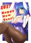  blue_hair breasts bunny_ears bunny_girl bunnysuit green_eyes huge_breasts long_hair miketto original pantyhose solo thick_thighs thighs 