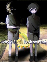  2boys antenna_hair arms_at_sides basil_(faraway)_(omori) basil_(omori) black_eyes black_hair black_shoes black_sweater_vest blonde_hair blue_eyes brown_shorts closed_mouth collared_shirt green_sweater_vest highres loafers looking_at_viewer male_focus meme mo42144 multiple_boys night omori outdoors photo-referenced shirt shoes short_hair short_sleeves shorts socks sunny_(omori) sweatdrop sweater_vest white_shirt white_socks why_dis_ninja_look_so_mad_(meme) 